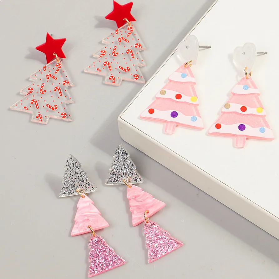 Pink Glitter Christmas Tree Acrylic Earrings for Women Girls Cute Sweet Plant Geometric Long Dangle Earring Party Jewelry 241105