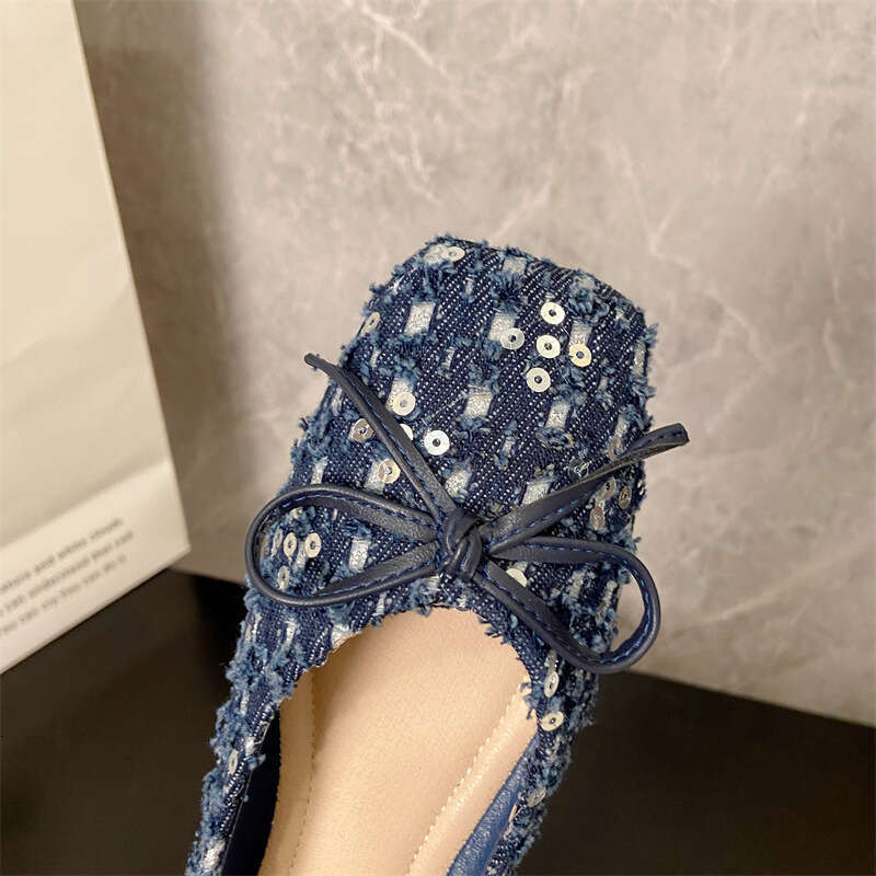 Xiaoxiangfeng French Soft Sole Single Shoe For Women's Spring And Summer Fashion, Crystal Sequin Fabric Versatile Butterfly Bow Flat Bottomed Sco