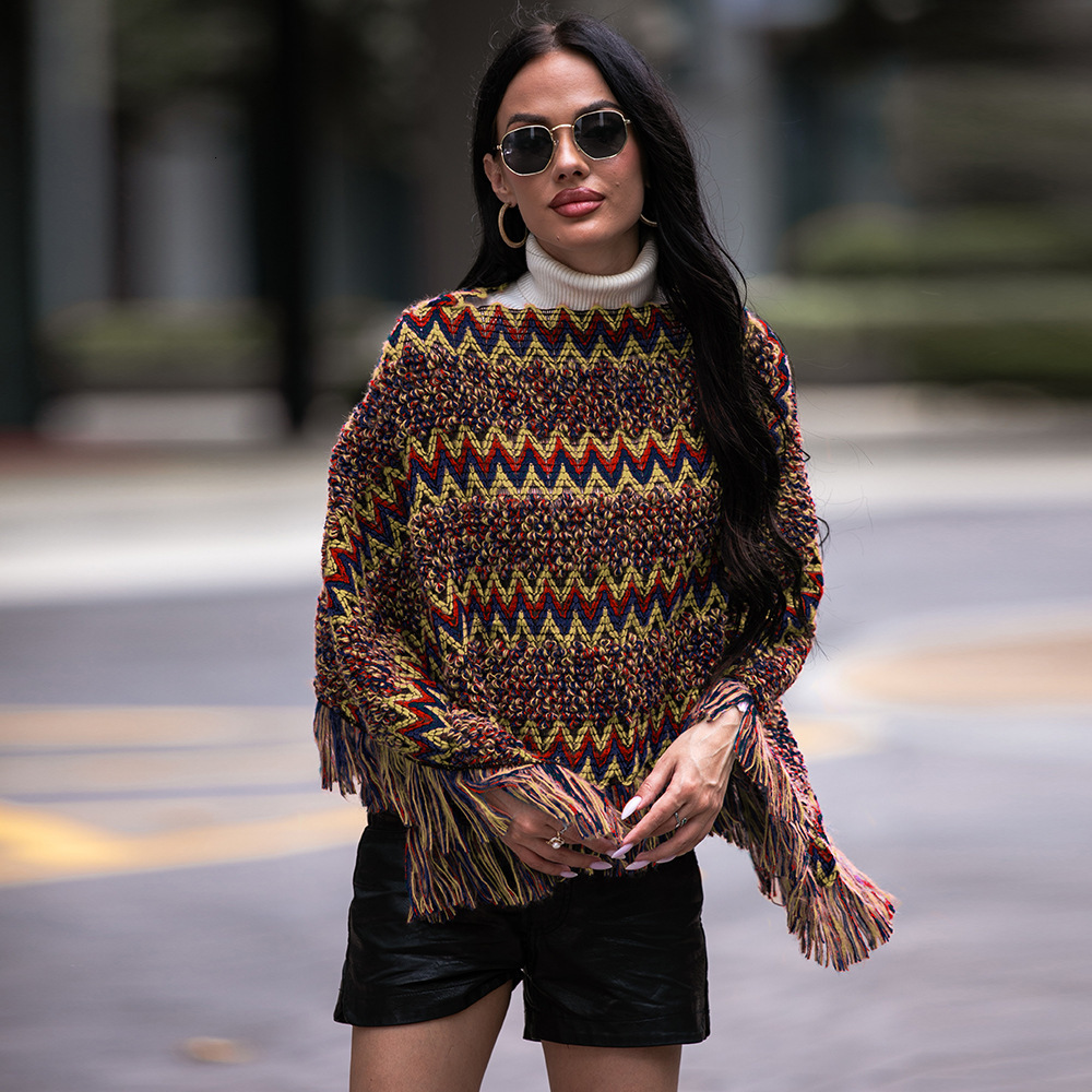 Collar Cape Type Diagonal Grid Fringe Women Pullover Shawl Knitted Sweater women Sweaters Autumn Fashion Casual Loose Thick Harajuku Streetwear Knitwe
