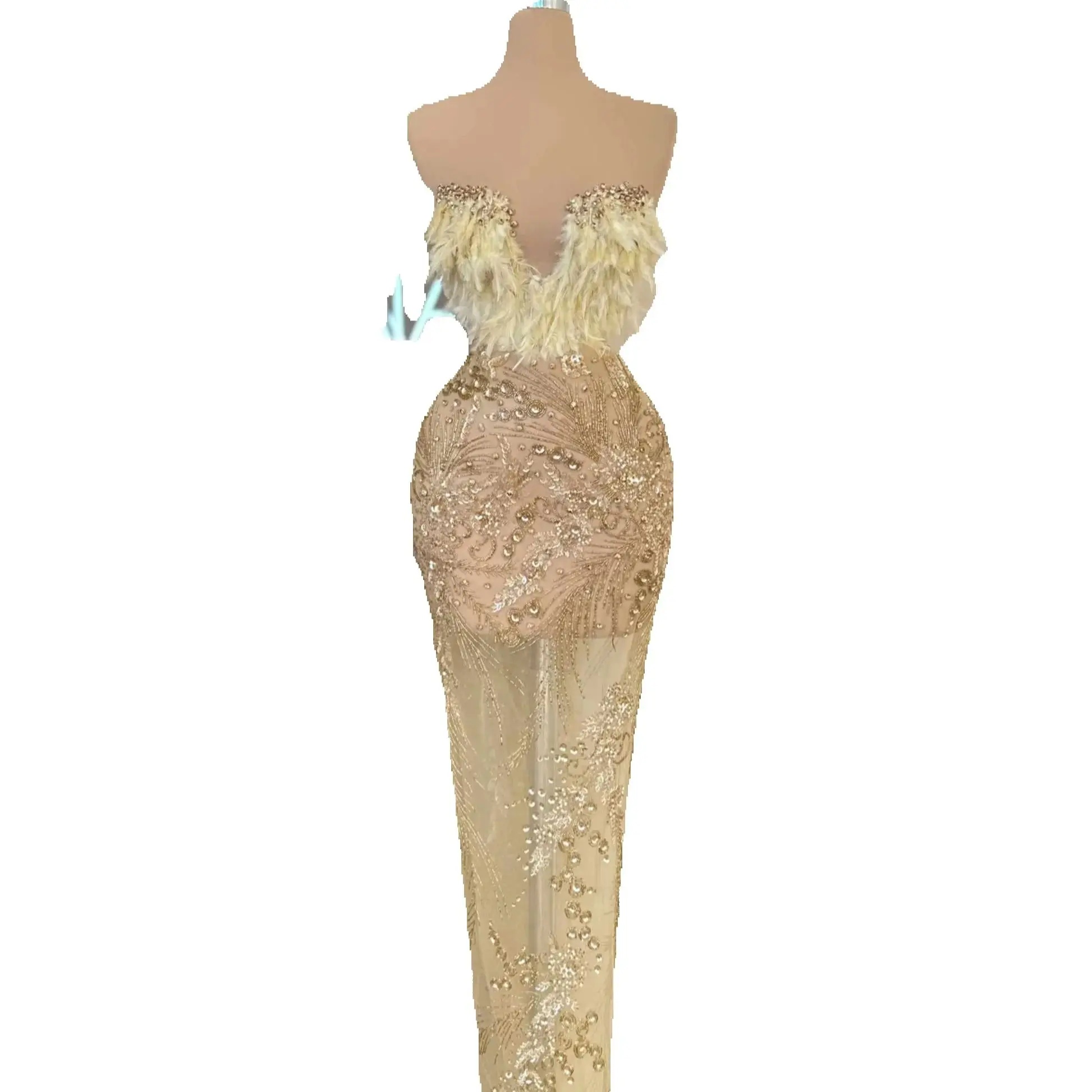 Sexy Strapless Prom Dresses Women Mermaid Sleeveless Beading Feather Evening Gowns Sequined Lace Custom Made Formal Party Dress