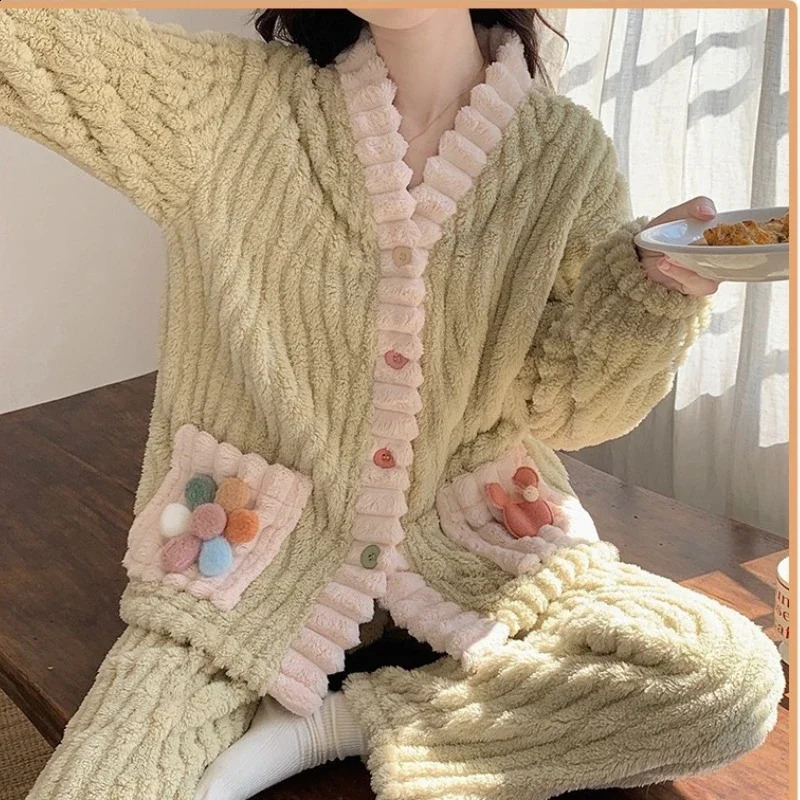 Thickened Warm Flannel Women Sleepwear Loungewear Cardigan Suit Winter Sweet Kawaii Soft Fairy Wind Ladies Pajamas Homewear 241105