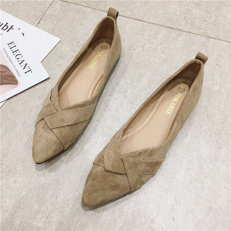 2023 Spring New Versatile Suede Pointed Shallow Mouth Flat Follow For Women Black Professional Work Shoes