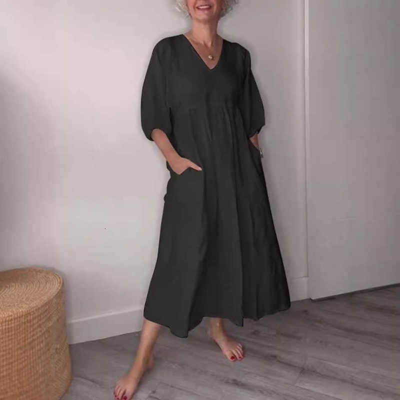 Women Dresses Autumn women's cotton linen deep V-neck pleated solid color casual pocket dress