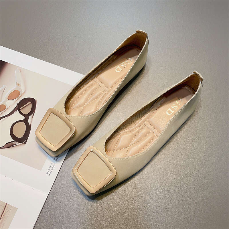 Square Toe Soft Sole Elegant Women's Korean Version New Simple And Versatile Metal Square Buckle Comfortable Flat Bottom Grandma Shoes