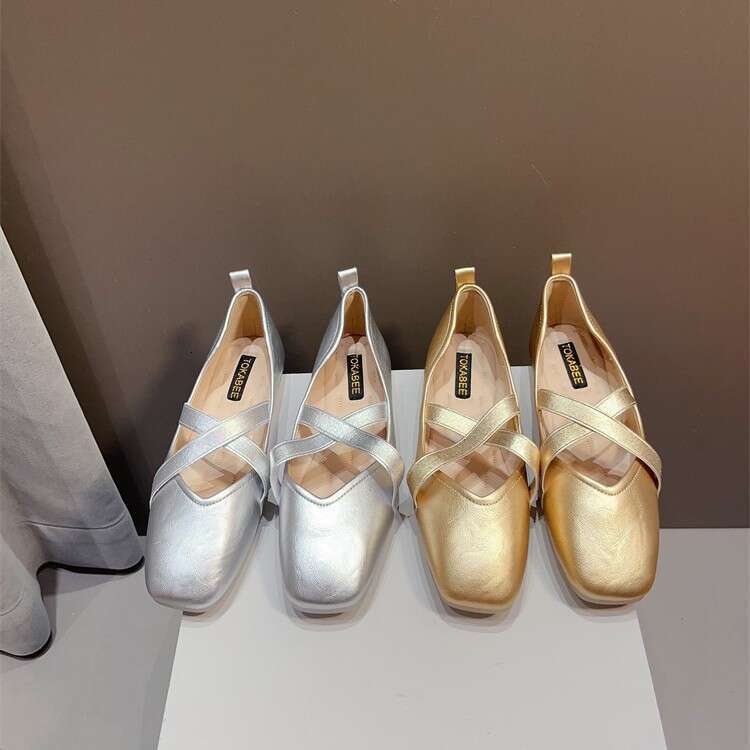 Gentle Silver Single Women's Korean Version New Spring And Autumn Soft Sole Square Toe French Shallow Mouth Ballet Mary Jane Flat Shoes