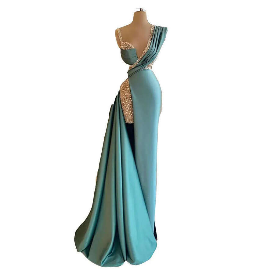 Lace Mint Sexy Turquoise Sequined Prom Dresses Deep V Neck Illusion Crystal Beads High Side Split Or Length Satin Mermaid Party Evening Gowns