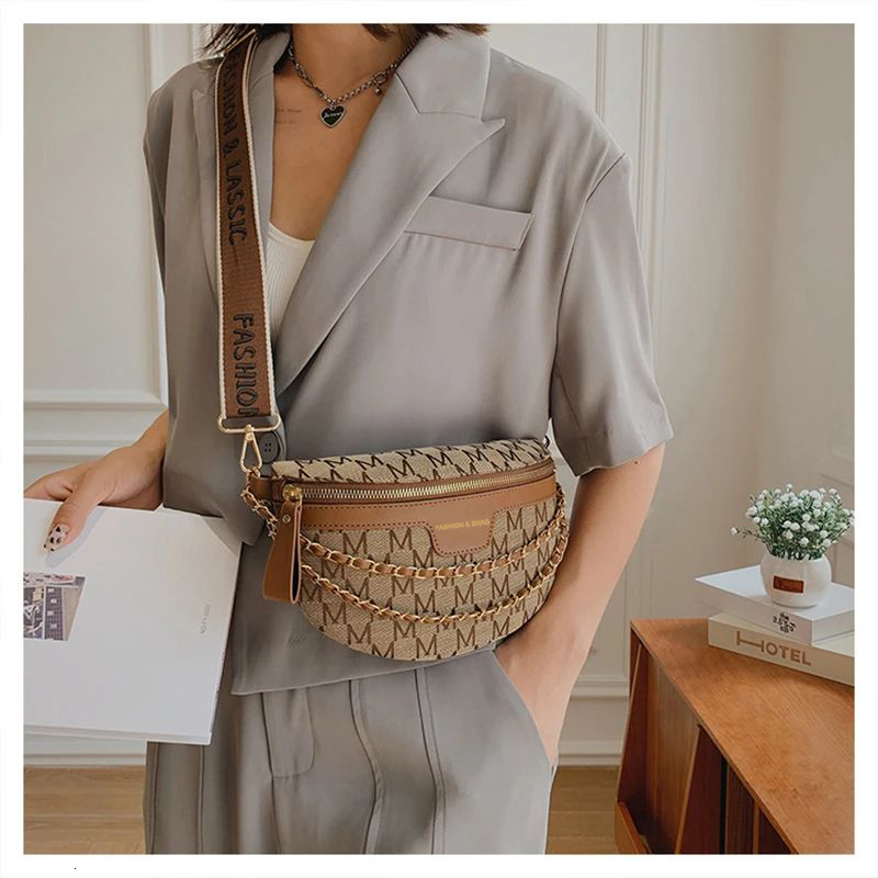 New designer fashion printed chain women's waist bag wide shoulder strap crossbody bag handbag