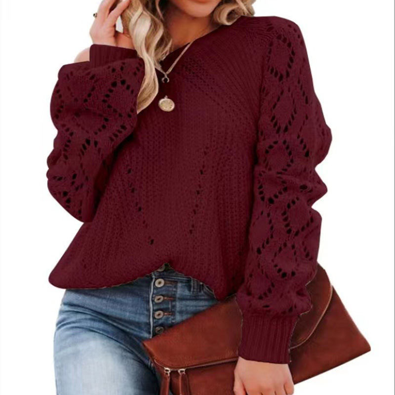 Hollow Pattern Round Neck Sweater Solid Color Loose Top Women's Autumn And Winter New Item