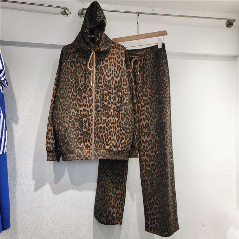 Leopard print loose designer hoodie casual set sportswear women's two-piece set fashionable cardigan zipper hoodie+pants two-piece set
