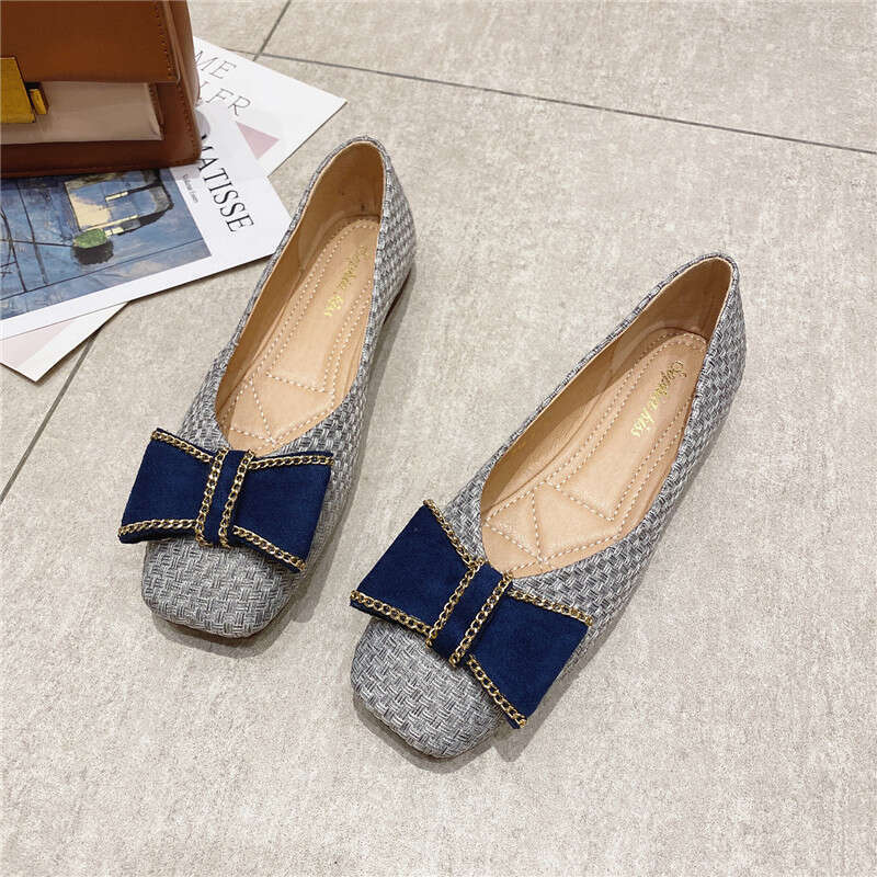 Korean Version Flat Bottomed Single Women's Summer Versatile Square Toe 2023 New Spring Woven Surface Soft Sole Shallow Mouth Comfortable Scoop S