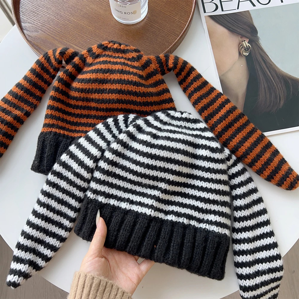 Y2K Beanie Hat Ins Rabbit Ear Devil Striped Knitted Wool Cap Autumn and Winter Crochet Bunny Ears Pointed Pullover Hats 241105