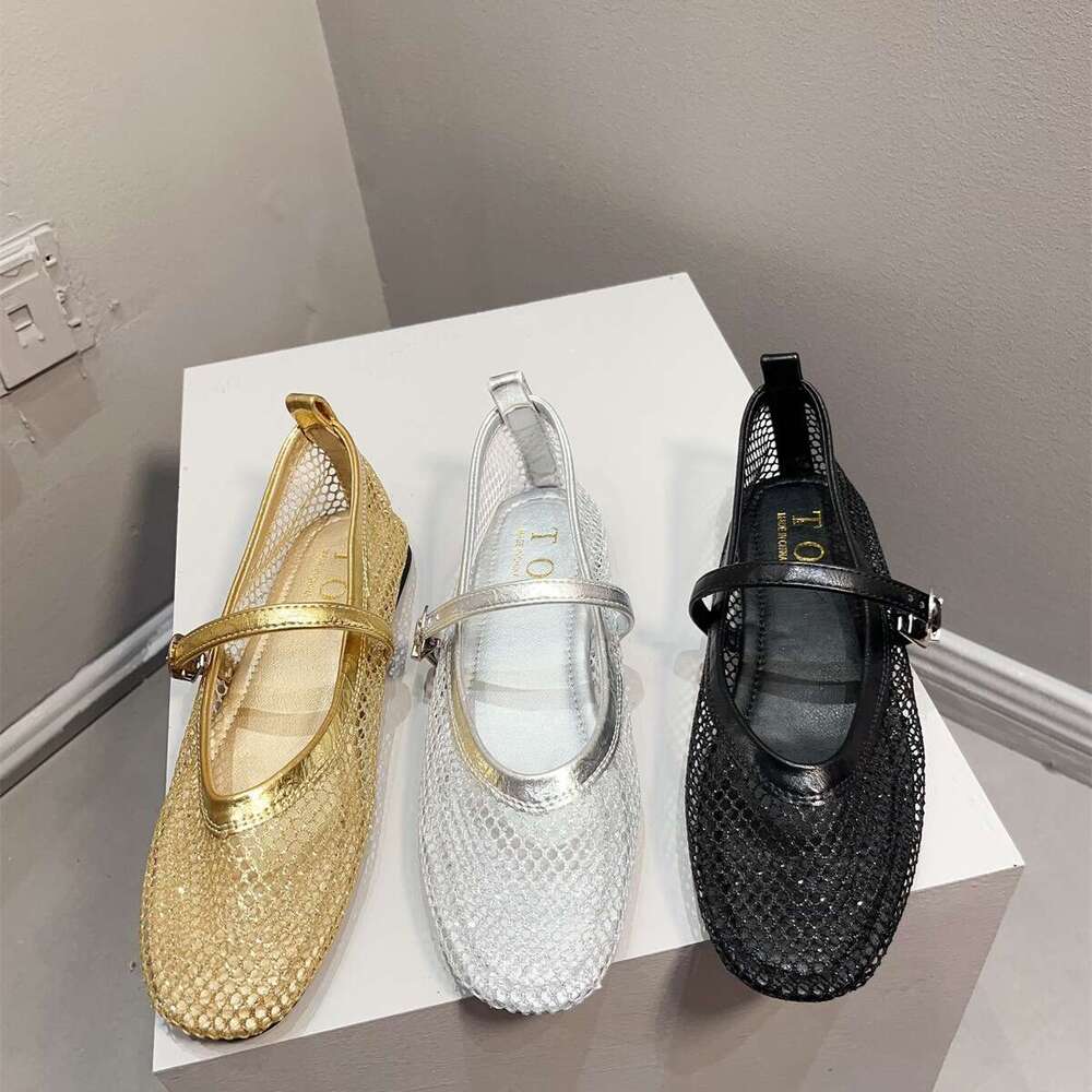 French Silver Mary Jane Shoes Women's Korean Version New Summer Flat Sole Single Shoe Shallow Mouth Mesh With Skirt Hollow Sandals