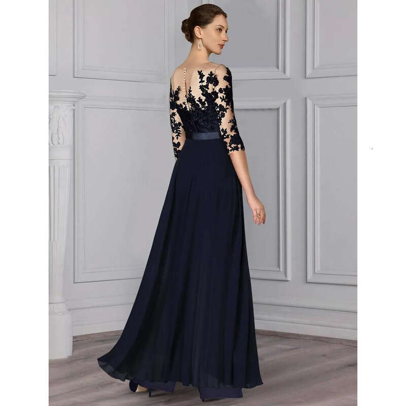 Mother Elegant Jumpsuits Of The Bride Dresses Sheer Long Sleeves Lace Applique Chiffon Evening Party Gowns Pantsuits Plus Size Guest S Dress BC
