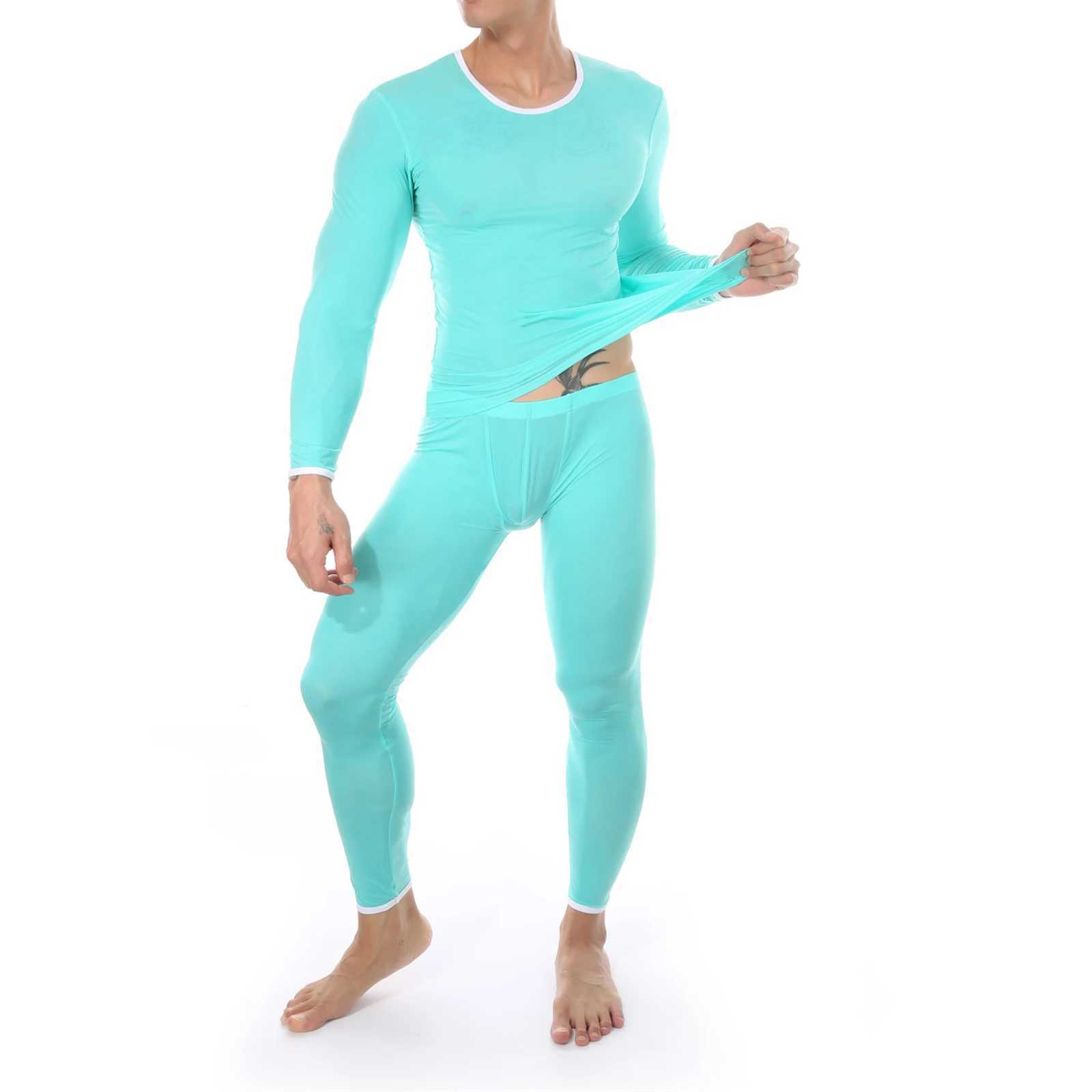 CLEVER-MENMODE Sexy Male Long Johns Mens Thermal Underwear Sleepwear Ice Silk Lounge Tight Long Sleeve Undershirt Trousers Set LX241104