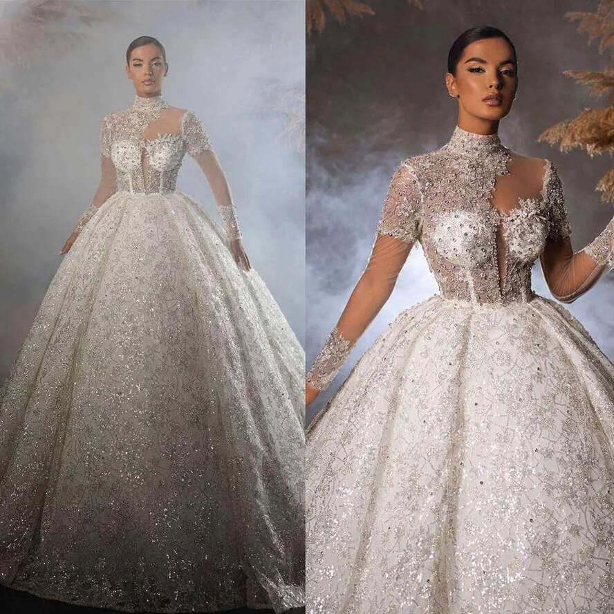 Wedding Illusion Dress Ball Gown High Neck Crystal Sequined Long Sleeve Or Length Princess Bride Vestido De Noiva Custom Made