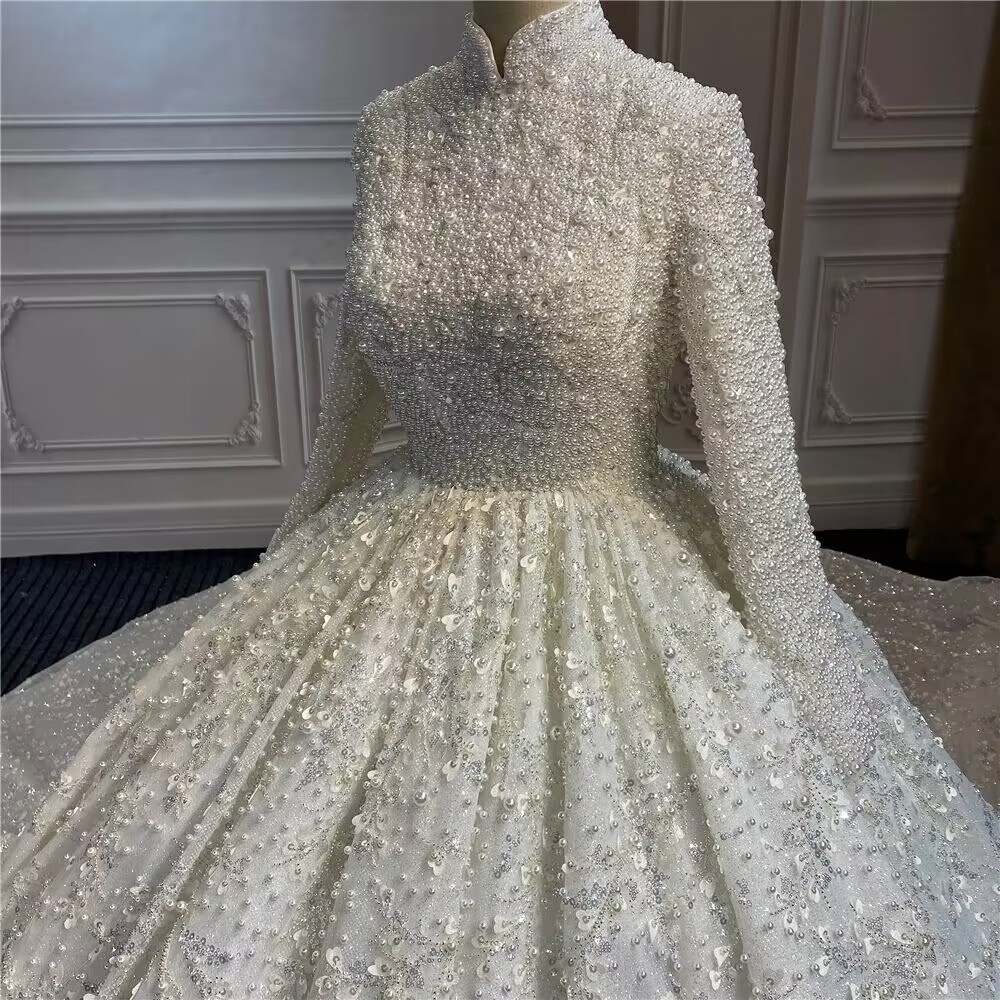 Ball Wedding Dresses High Neck Long Sleeves Bridal Gown Sequins Pearls Sweep Train Customized Dress Custom Made vestidos de novia