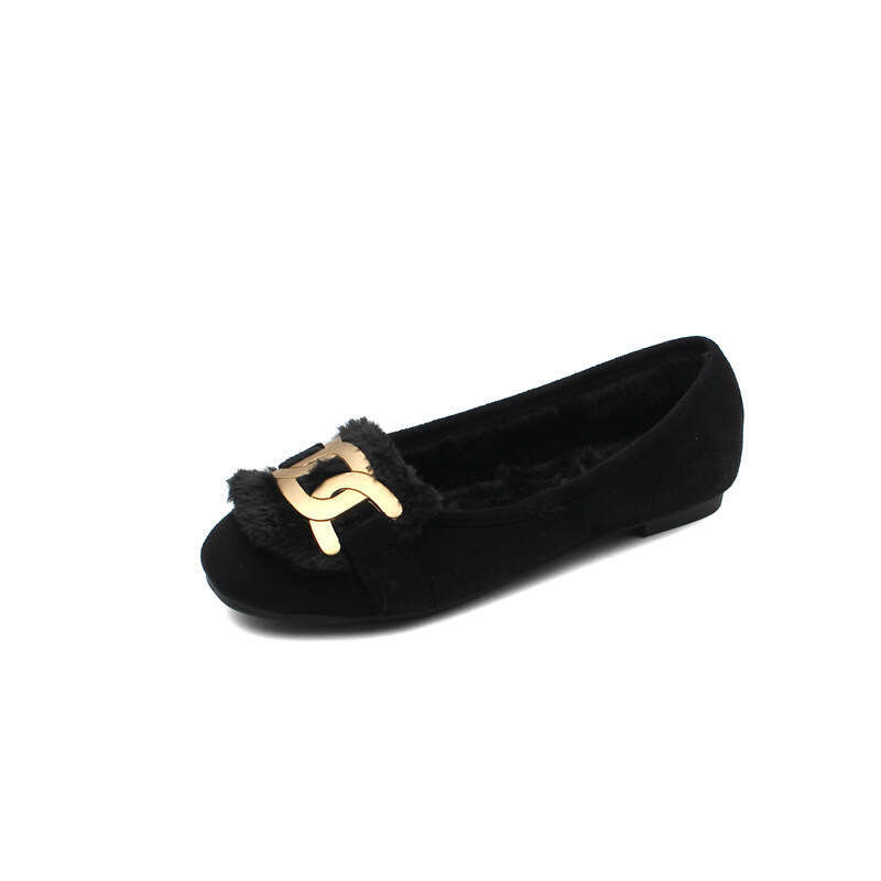 2023 Autumn/Winter New Single Head Metal And Fleece Fur Women's Fairy Suede Shallow Mouth Flat Shoes