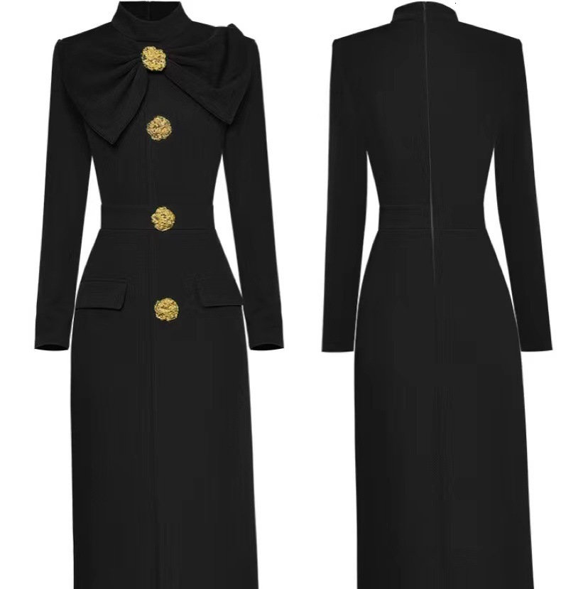 JAMERARY Autumn Winter Dress For Women Fashion Golden Button Pearl Vintage Black Bow Long Sleeve Midi Woolen Dresses