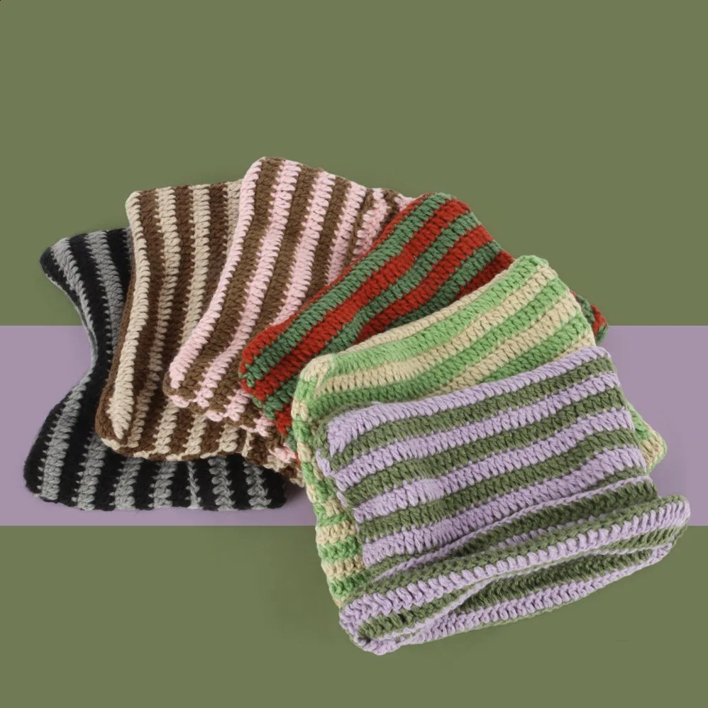 Autumn and Winter Woolen Hat Japanese Style Little Devil Handmade Stripesd Womens Cat Ears Warm Knitted Pullover 241105