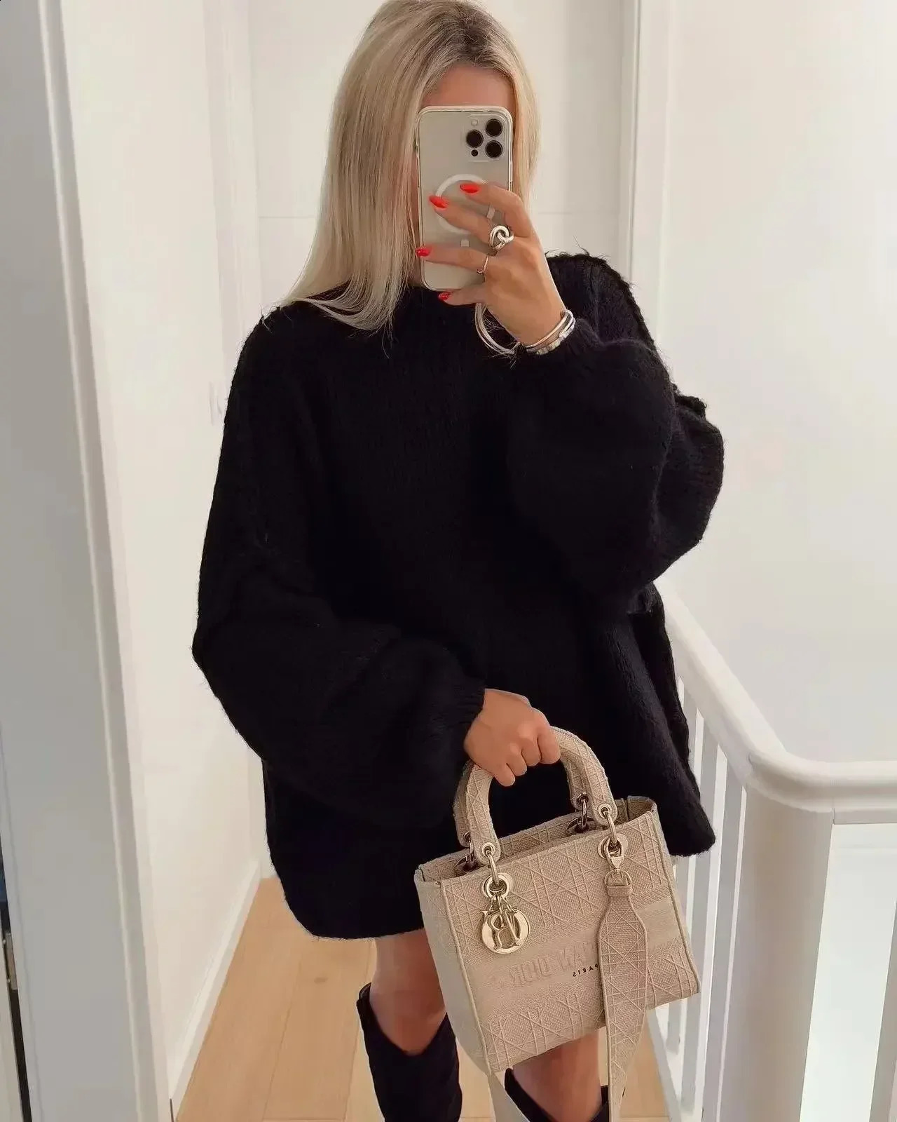 Fashion round neck knitted womens jumper autumn long lantern sleeve sweater womens high street warm womens fashion zipper 241105