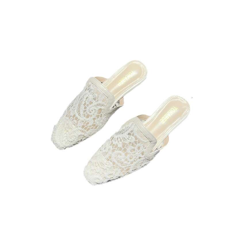 Fashionable Baotou Half Slippers For Women's Summer Outerwear 2024 New Comfortable Hollow Out Breathable Lace Mesh Flat Mill Shoes