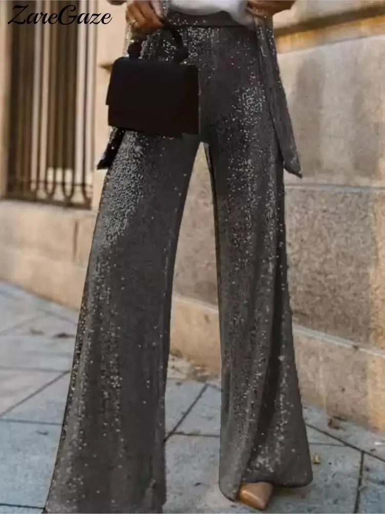 Fashion Silver Sequined Jacket Pant Suit Women Long Sleeve Coat Wide Leg Trousers 2 Piece Set 2024 Autumn Street Lady Sets 241104