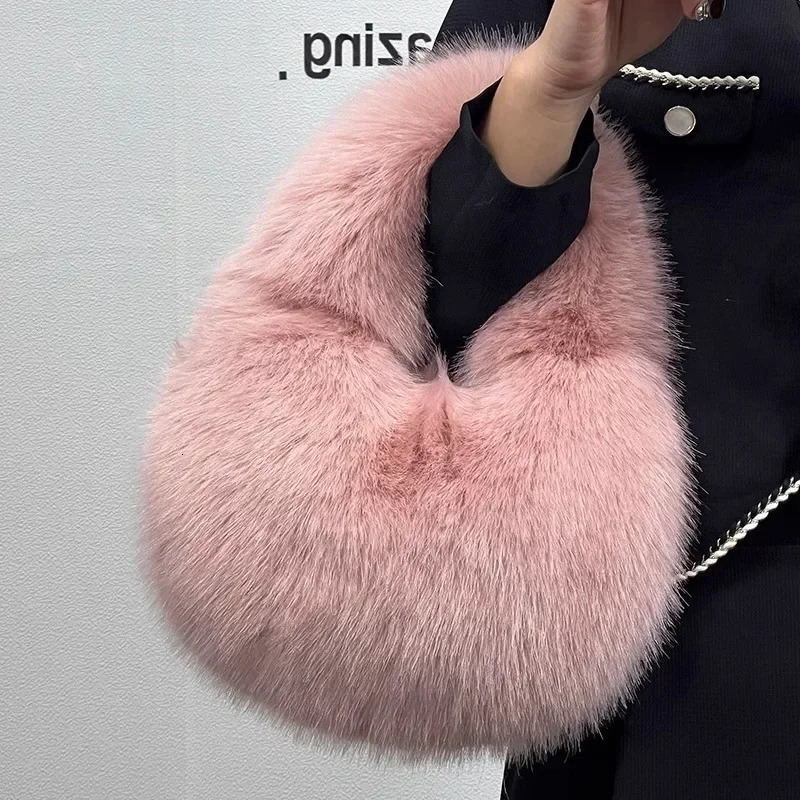 Winter Casual Furry Shoulder Bags for Women Solid Color Soft Plush Ladies Clutch Purse Handbags Lightweight Female Hobos Bag 241104