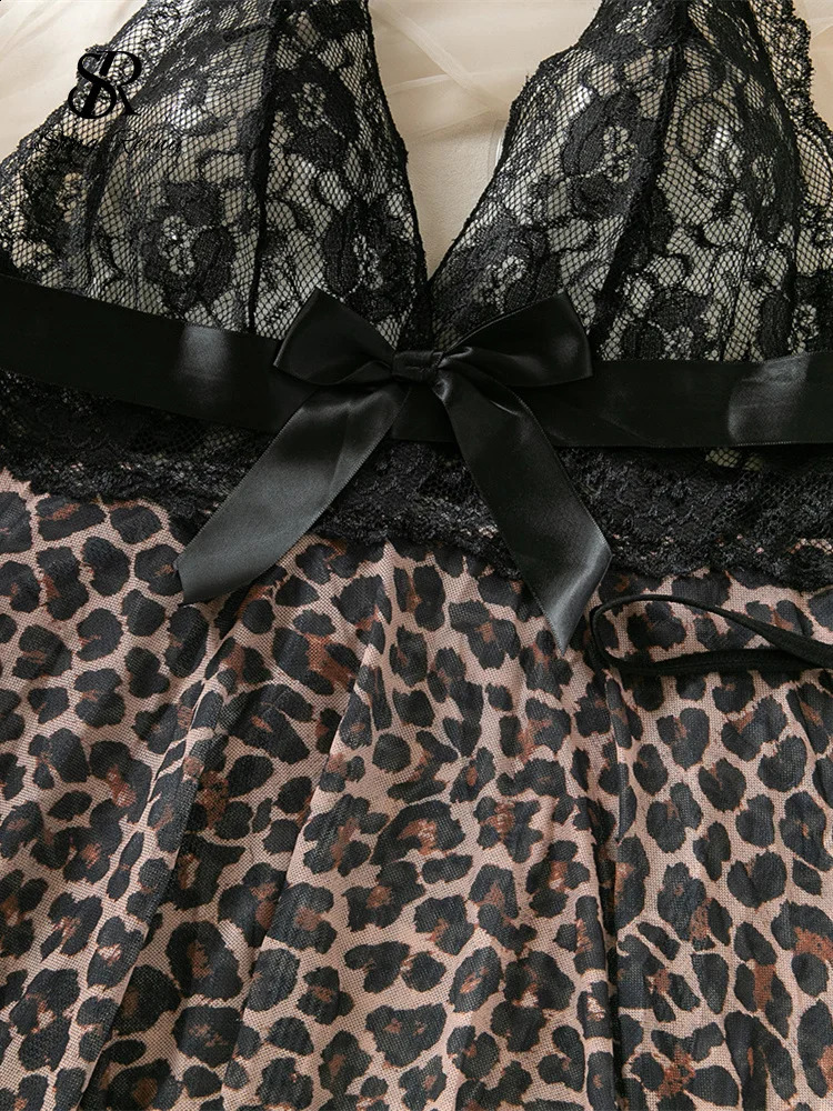 SINGREINY Leopard Sheer Halter Erotic Nightwear Fashion Aline Patchwork Slim Night Dress Women Porno Lace Spliced Sexy Pajamas 241105