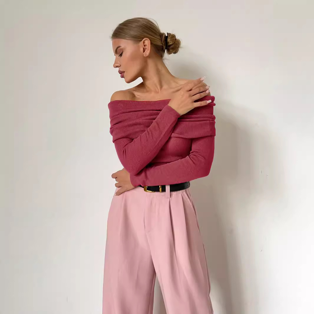 Spring Women's Sexy Slim Fit Solid Color Pullover One Line Neck Long Sleeved Knitwear Vintage Sweater