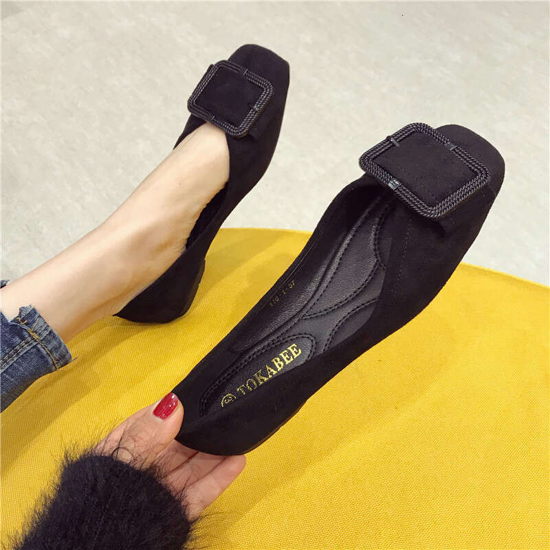2023 Autumn New Versatile Buckle Square Toe Sole Single Suede Soft Soled Flat Heel Bean Women, Scoop Shoes For Women