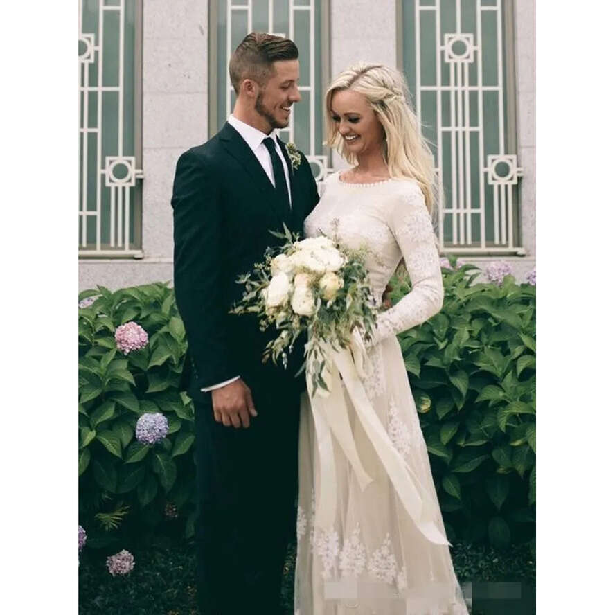 Wedding Boho Dresses Long Sleeves Scoop Neck Lace Applique Or Length Garden Country Wdding Gown Plus Size Vestido De Novia