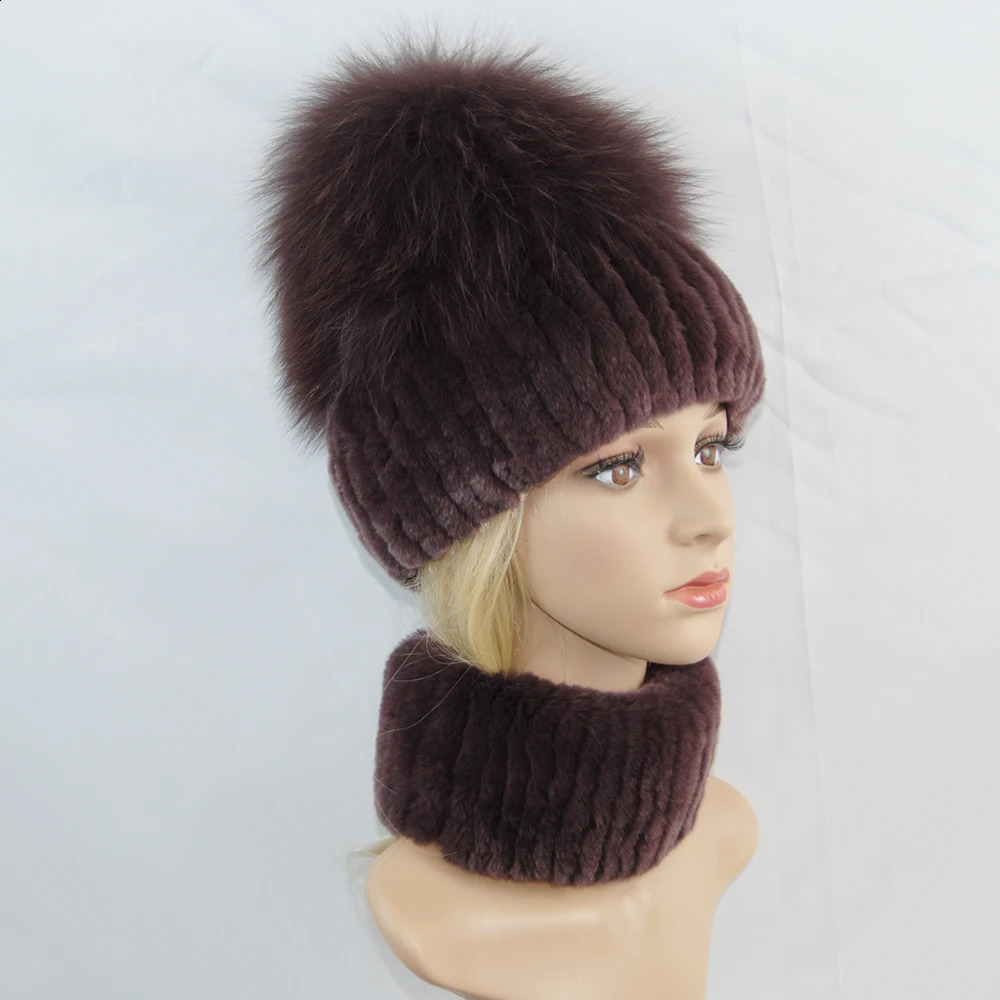 Women Winter y Warm Top Fox Fur Hats Muffler Real Rex Rabbit Hat Scarf 2 Pieces Knitted Cap Scarves 241105