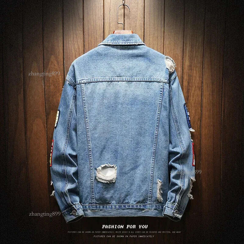 Men Denim Jacket Streetwear Vintage Hole Jeans Coats Outwear Spring Autumn Loose Casual Jean Jackets Hip Hop Fashion Jacket Men 240816