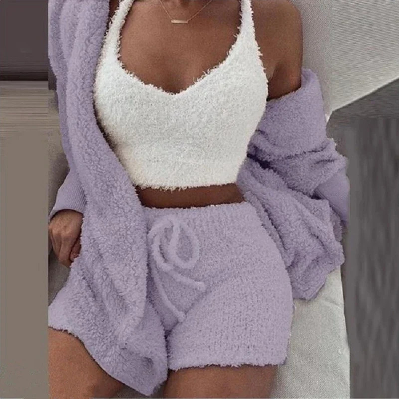 Cozy Knit 3 Pieces Set Fluffy Pajamas Women Casual Sleepwear Tank Top and Shorts Plus Size Hoodie Leisure Homsuit Winter Pijamas 241105