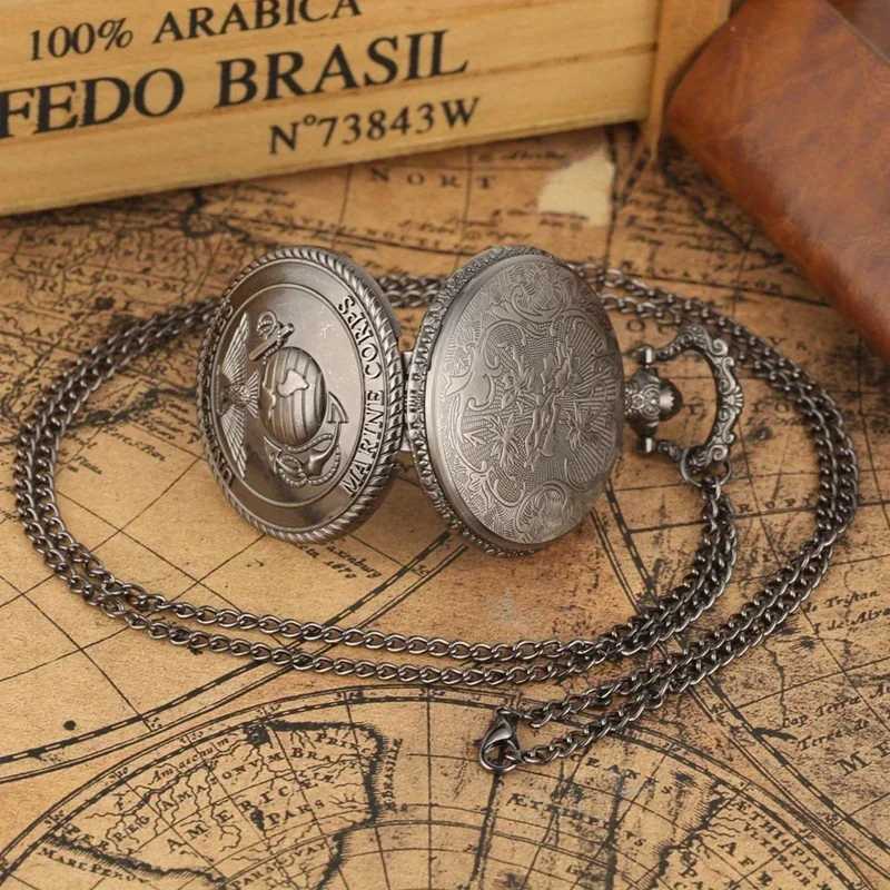 Bronze Grey United States Marine Corps Symbolic Quartz Pocket Watch Chain Necklace Pendant Gift FOB Clock Art CollectiblesX241104