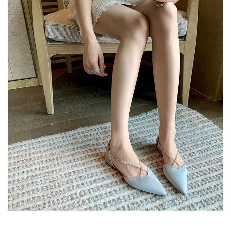 Single Shoe Women's Spring And Summer 2024 New Pointed Flat Half Slippers With Water Diamond Chain Toe Sandals For Women