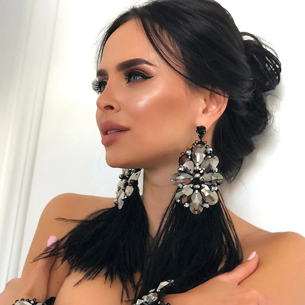 Stonefans Boho Elegant Black Feather Earrings Indian for Women Bridal Exaggerate Dangle Tassel Earrings Crystal Prom Jewelry 241105