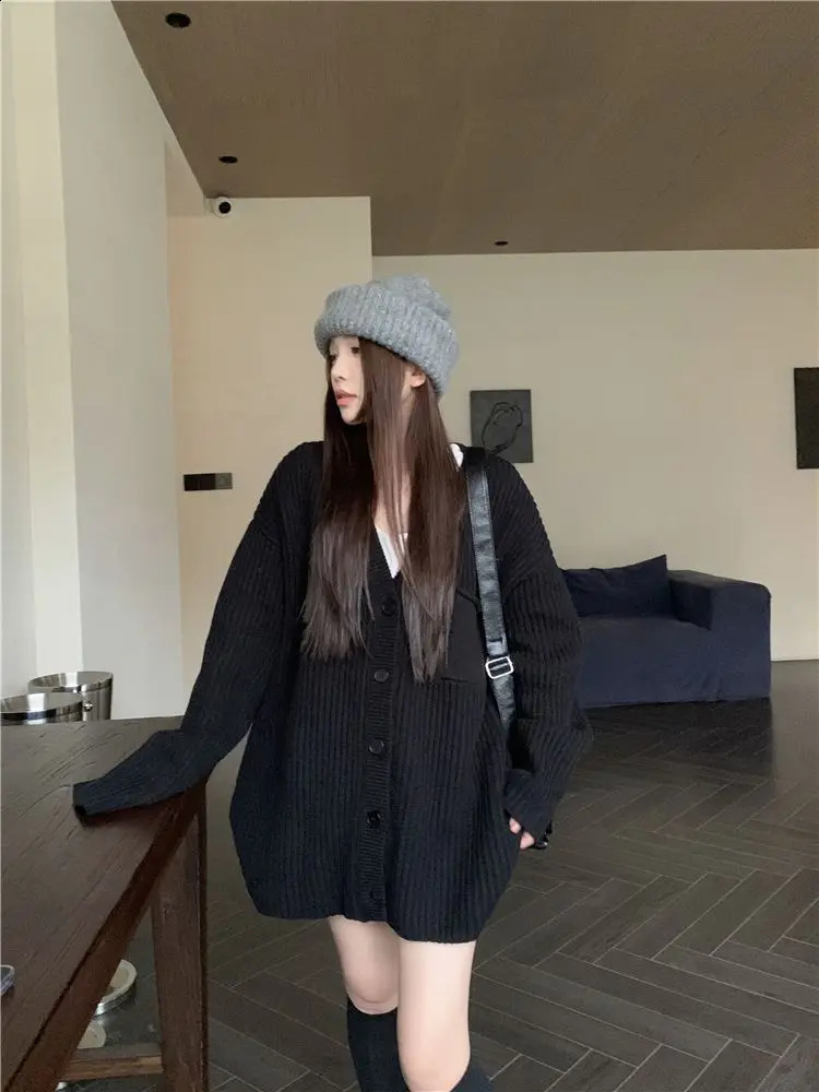 Loose knit cardigan wool sweater womens casual top 241105