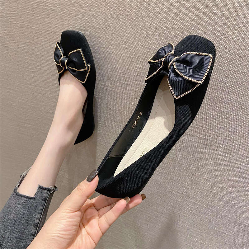 2023 Summer New Korean Butterfly Flat Versatile Cloth Face Square Head Single Soft Soled Evening Shoes For Women