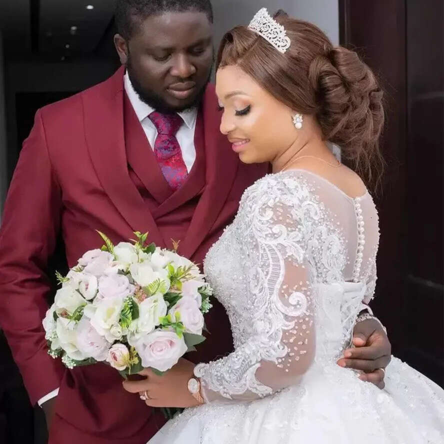Gorgeous Pearls Beaded Wedding Dresses African Bridal Gown Long Sleeves Lace Appliques Tulle A E Ruched Custom Plus Size Country Beach Boho Vestido De
