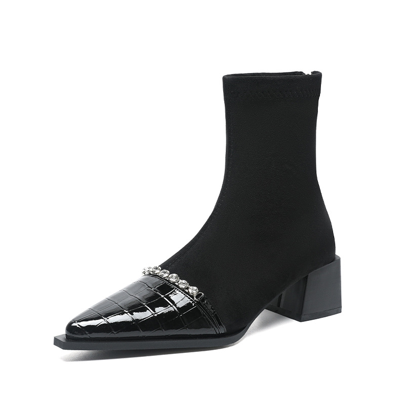 Sharp Pointed Thick Heel Pearl Diamond Short Boots Size35-43.