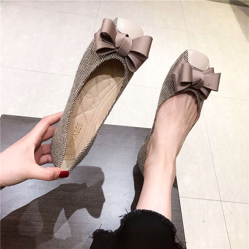2023 Autumn New Versatile Butterfly Bow Square Head Flat Checkered Fabric Soft Soled Shallow Mouth Bean For Women, Single Shoes