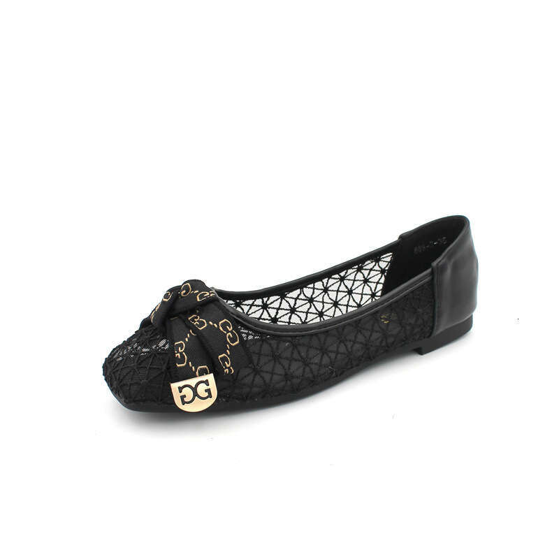 2023 Summer Mesh Sandals Square Head Bow Hollow Breathable Flat Shallow Mouth Fairy Women's Shoes