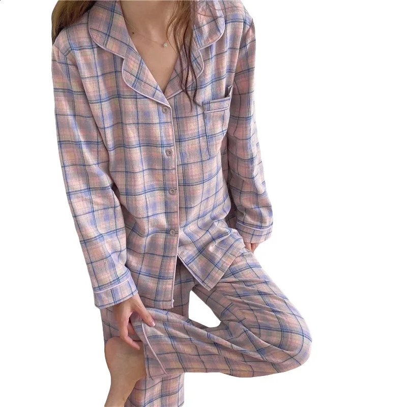 Minimalist and Casual Pajamas Spring Autumn Thin Lapel Cardigan Home Clothing Purple Plaid Leisure Sleepwear for Students 241105