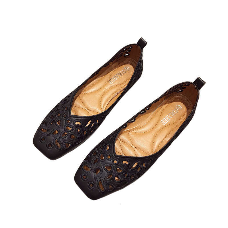 Summer Sandals, Hollowed Out Fashionable Work Black Women's Shoes, Flat Sole, Single Shoe, Hole, Simple Square Toe Shoes