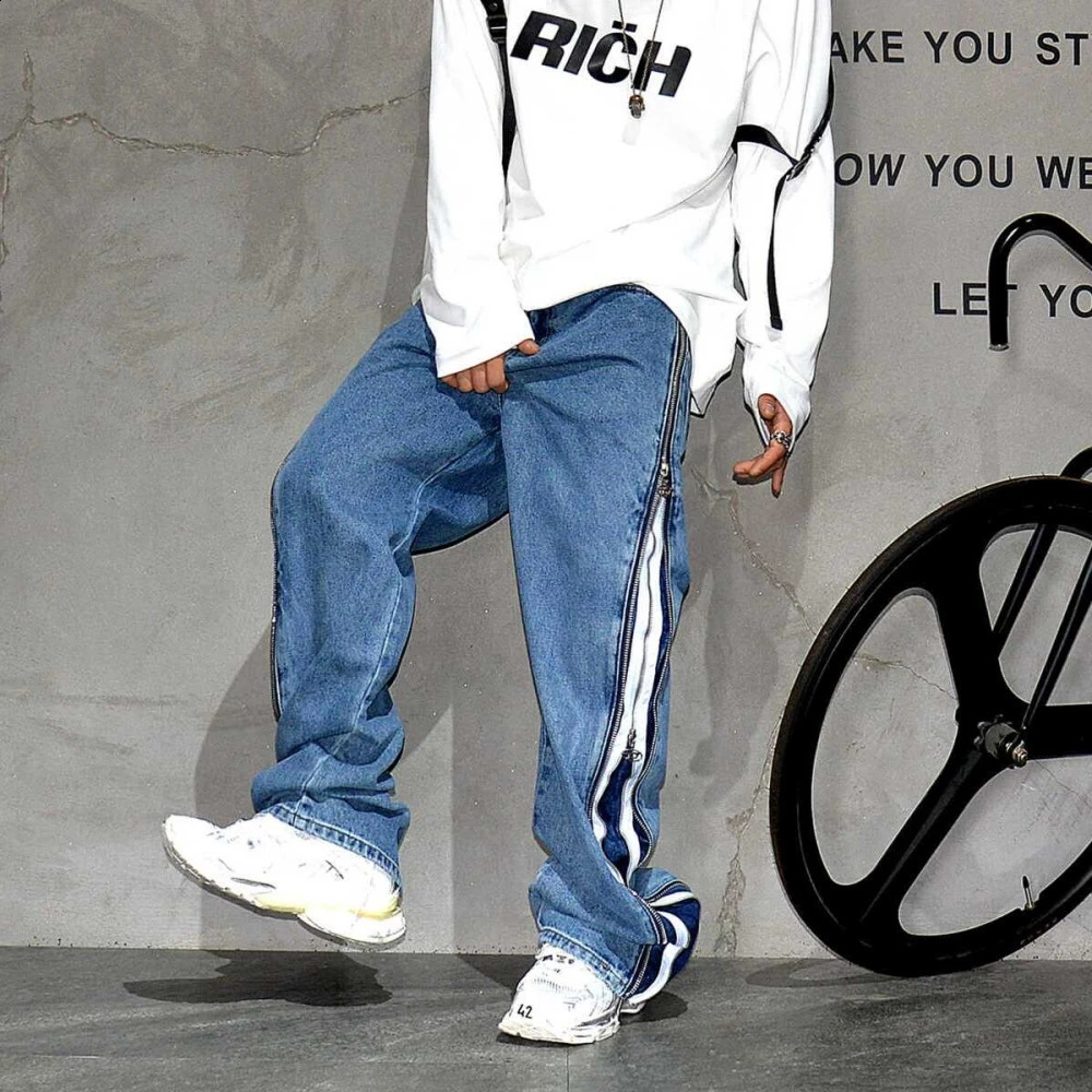 High Quality Korean Fashion Side Zipper Baggy Jeans For Men Streetwear Skateboard Stacked Denim Cargo Pants Loose Trousers 241105