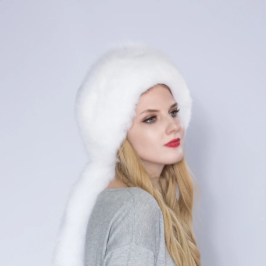 WNAORBM Real Rex rabbit Fox Fur Scarf Hat Soild White Winter Natural Hats Fashion n Keep Warm Young Lady 241105