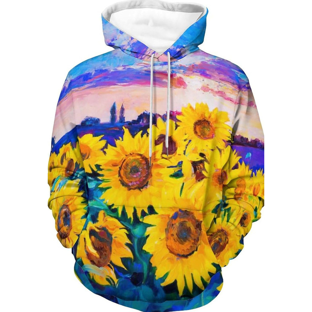 Hoodie for Mens Womens Original Oil Painting Sunflower Hoodies for Men 3D Print Pullover Hooded Drawstring Loose Sweatshirt with Big Pockets Graphic