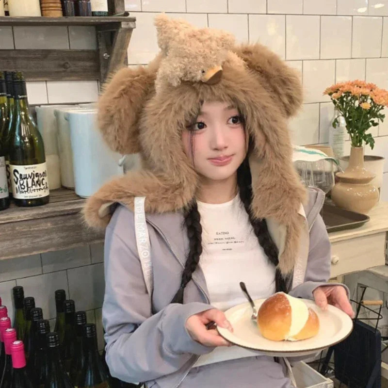 Womens Fur Balaclava Hat Cute Rabbit Ears Plush Winter Warm Thickened Anticold Scarf One Threedimensional Doll Cap 241105
