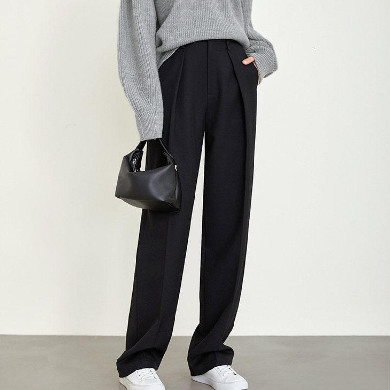 Autumn And Winter Women's Tailored Fashion Simple Senior Commuter Loose Straight Trousers Casual Wide-Legged Pants